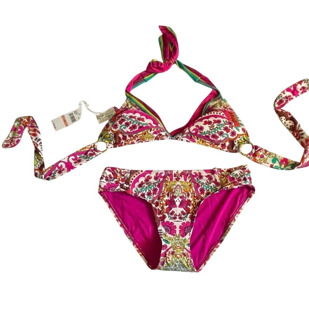 Trina Turk Pink Paisley Floral Halter Bikini Set Size 10 NWT
